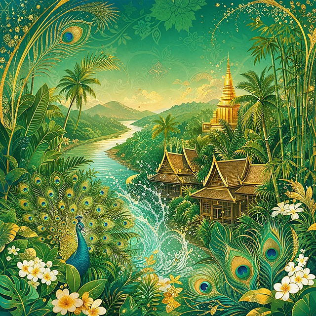 国潮风景插画，傣族主题，西双版纳热带雨林中，傣家竹楼掩映在棕榈树和凤尾竹间，金色佛塔尖顶闪烁，孔雀在花丛中开屏，泼水节的水花在空中飞溅，远处是澜沧江蜿蜒流过，周围有孔雀羽毛纹样装饰，背景是翠绿色渐变和热带植物纹，画面中无人物无文字，国潮风格，翠绿金粉配色，清新热带