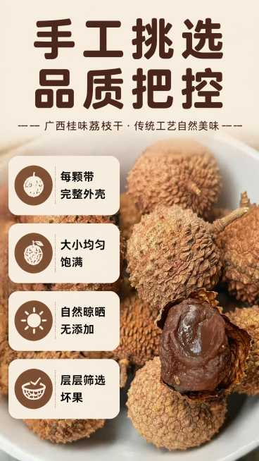 [第6屏] 品质筛选展示屏-广西桂味荔枝干手工挑选品质把控介绍。
[氛围/风格] 真实可信，自然朴实，暖调干净，符合拼多多风格。
[元素布局] 使用【图3】整盘荔枝干产品作为背景，前景放置文字和筛选要预览效果
