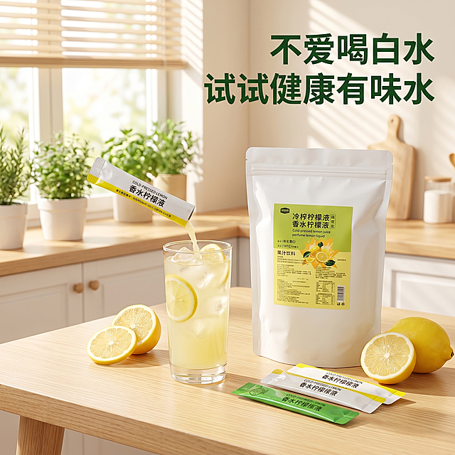 [主图 4] 冷榨柠檬液场景体验展示图
[氛围风格] 温馨舒适马卡龙色系治愈风
[画质] 商业摄影质感、光线柔和通透、产品清晰真实、画面干净高级
[元素] 干净的浅色木质餐桌上放着一杯加冰的冷榨柠檬液，旁边放着拆开包装的柠檬液条和整袋产品，桌面散落新鲜柠檬片，背景是简洁明亮的厨房窗台，阳光透过百叶窗洒下光斑，营造轻松健康的日常饮水场景。保持产品外观与输入产品图绝对一致，杜绝任何变形和色差。商品主体占比约65%，画面满屏无边框。
[光影] 柔和自然光透过窗台，形成斑驳光斑效果，整体光线温暖舒适，突出惬意健康的饮水体验
[配色] 马卡龙浅色系，浅木色、白色、浅黄浅绿搭配，整体清新治愈温馨
[视角构图] 第一人称微俯视视角，场景层次丰富，主体突出
[文字版式] 右上负空间标注文字“不爱喝白水 试试健康有味水”深绿色粗体，文字不遮挡主体产品。
[比例分辨率] 1:1比例，2k分辨率，文字清晰锐利，画面超高清
[负向提示词] 变形，水印，文字错乱，产品图模糊，背景杂乱