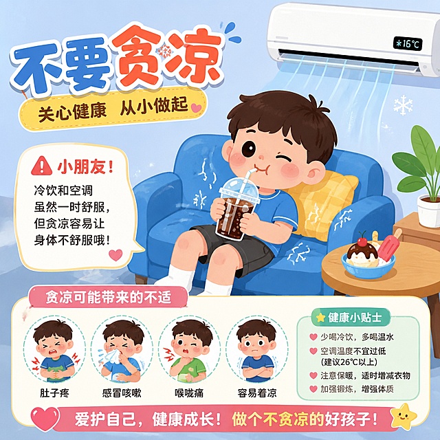 创作一幅健康科普插画，主题是提醒孩子不要贪凉，画面展示孩子同时喝冷饮和对着空调直吹的场景，配上温馨的健康警示提示，风格扁平卡通，色彩明亮柔和，适合儿童教育使用。