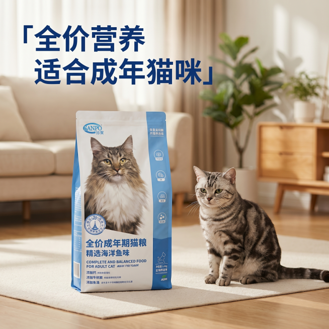 [主图 4] 场景体验展示图。[氛围风格]简约大气，温馨治愈家居风；[画质]商业摄影质感，光线柔和通透，产品清晰真实，画面干净高级；[元素]珍宝全价成年期猫粮放置在客厅宠物喂食区旁的浅色地垫上，背景是预览效果