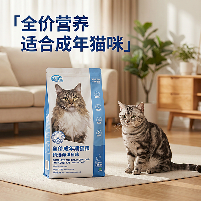 [主图 4] 场景体验展示图。[氛围风格]简约大气，温馨治愈家居风；[画质]商业摄影质感，光线柔和通透，产品清晰真实，画面干净高级；[元素]珍宝全价成年期猫粮放置在客厅宠物喂食区旁的浅色地垫上，背景是温馨干净的客厅角落，一只漂亮美短猫咪在旁边安静蹲坐，自然生活化场景。保持猫粮产品外观（物理结构、材质质感、颜色）与输入产品图绝对一致，杜绝任何变形和色差，精细化处理。商品主体占比约60%，猫咪作为场景点缀不抢主体，画面满屏无边框。[光影]柔和室内自然光，整体光影温暖治愈，氛围舒适。[配色]浅暖家居色调搭配产品原包装蓝色，和谐自然。[视角构图]平视生活化视角，场景层次自然，景深适中。[文字版式]画面左上角留出负空间放置品牌 slogan「全价营养 适合成年猫咪」深蓝色粗体，文字不遮挡产品和猫咪。[比例分辨率]1:1 比例，2k分辨率，文字清晰锐利，画面超高清。[负向提示词]变形，水印，文字错乱，产品图模糊，背景杂乱，文字遮挡主体