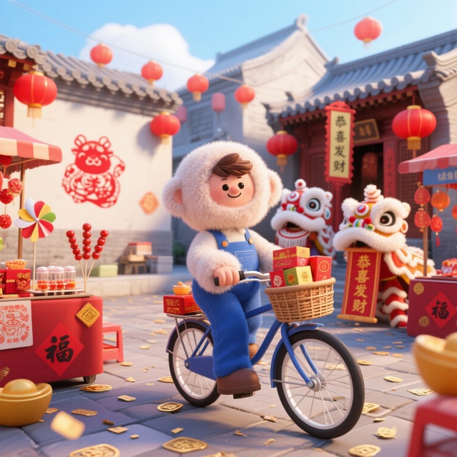 3D毛绒风格的春节胡同庙会场景，画面中心是穿着蓝色工装的卡通人物推着自行车，车筐里装满年货礼盒。背景有售卖糖葫芦和风车的小贩摊位，墙面贴有红色生肖剪纸，地面撒满金色福字碎纸，远景有举着“恭喜发财”牌匾预览效果