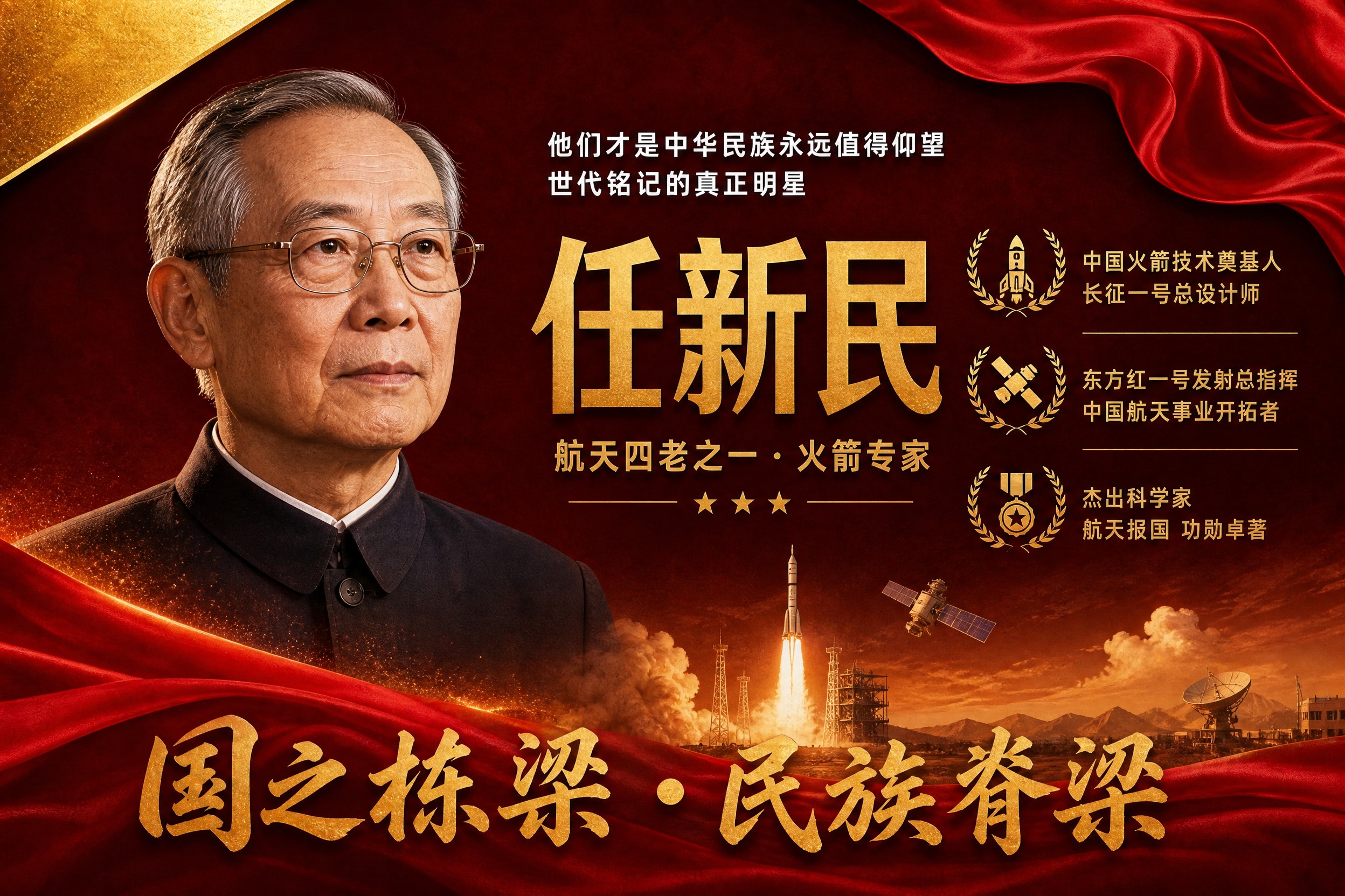 横版国之栋梁人物挂画海报，任新民主题，参考图版式风格复刻，红金… - 图片创意预览