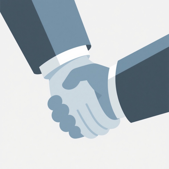 极简主义风格商业握手插画，两只穿着西装袖口的手在纯白色背景中有力交握，采用平滑的线条和几何化处理，低饱和度的蓝灰色调，边缘清晰锐利，扁平化设计，注重轮廓感和形态美，传达专业、信任与合作的氛围，画面简洁干净，无多余元素，聚焦手部动作的优雅与力量感。预览效果