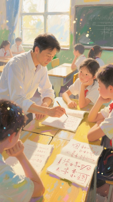 课间的教室里，学生围着教师请教问题，桌上摊开的练习册、教师手边的草稿纸，阳光透过窗户洒在人身上预览效果
