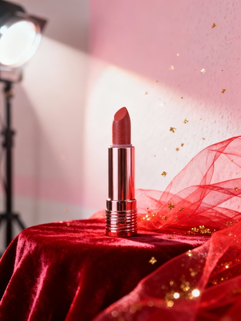 单支悬浮氛围感
 
核心提示词：商业产品摄影，一支口红立于红色丝绒布上，背景为浅粉色渐变墙面，点缀红色薄纱和漂浮的金色闪粉，光线柔和通透，突出口红的光泽质感，整体氛围轻盈奢华，8K超高清，写实风格。预览效果