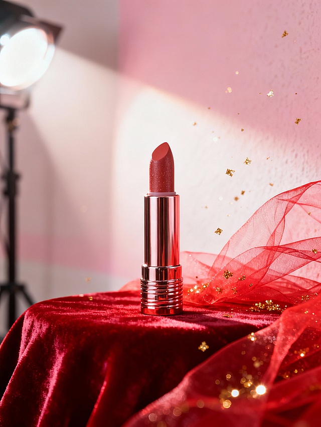 单支悬浮氛围感
 
核心提示词：商业产品摄影，一支口红立于红色丝绒布上，背景为浅粉色渐变墙面，点缀红色薄纱和漂浮的金色闪粉，光线柔和通透，突出口红的光泽质感，整体氛围轻盈奢华，8K超高清，写实风格。