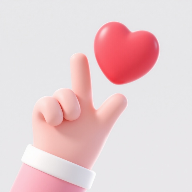 3D风格的卡通手，手指向上翘起指向一颗悬浮的心形图案，手的颜色是柔和的粉色，手腕处有白色的袖口细节，心形为鲜艳的红色，整体呈现出圆润可爱的造型，柔和的光影效果，高光和阴影过渡自然，简洁干净的白色背景，充满温馨浪漫的氛围。预览效果