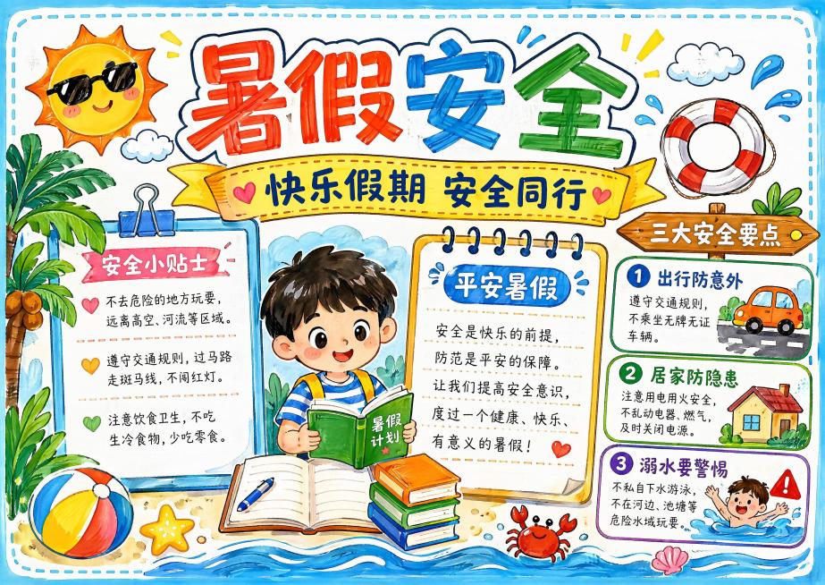 马克笔手绘风格手抄报，主标题"暑假安全"，副标题"快乐假期 安全同行"，装饰文案"安全小贴士"，"平安暑假"，卖点分三条：出行防意外、居家防隐患、溺水要警惕，整体版式分区清晰，适合A4横版手抄报，包含预览效果