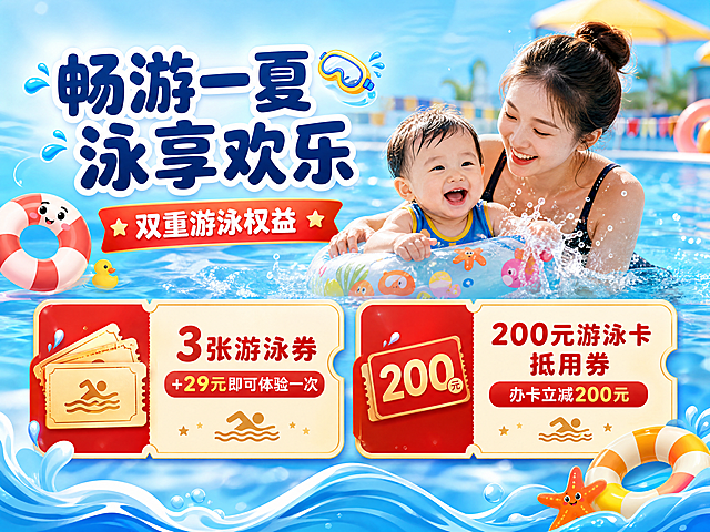 [商品] 本页为游泳权益展示，无实物商品图；以卡通游泳图标、票券图形和亲子游泳场景表达权益内容；画面中出现可爱的游泳圈、水波纹、泳池等元素。
[画面] 目标为展示游泳权益价值；上半部分亲子游泳欢乐场景（亚洲妈妈带宝宝在泳池戏水，宝宝开心笑，温馨互动），下半部分两张权益卡片并排：左侧3张游泳券，右侧200元游泳卡抵用券；主体占画面70%，前景水波纹装饰、中景场景+权益卡、后景泳池蓝色渐变；阅读动线从上到下。
[视觉] 套系策略：风格=喜庆热闹母婴促销商业摄影风；标题字=圆润粗黑体，厚重有力；正文字=简洁圆润无衬线体；主色=中国红+金色；背景延展=基于天蓝色+水波纹质感做清爽渐变；强调色=暖金色，用于票券边框、图标和装饰；标题色=深蓝色；正文色=深灰色；组件=金色描边票券卡片、游泳图标、水波纹装饰；光影=明亮柔和自然光，清爽通透。
[文字] 顶部主标题「畅游一夏 泳享欢乐」，副标题「双重游泳权益」；左侧票卡文字「3张游泳券 +29元即可体验一次」；右侧票卡文字「200元游泳卡抵用券 办卡立减200元」；文字均横排，不遮挡人物主体。
[规格] 图片比例4:3横版，4K分辨率，负向提示：避免变形、错字、文字过小、人物面部模糊、冷色调过重、极限词。