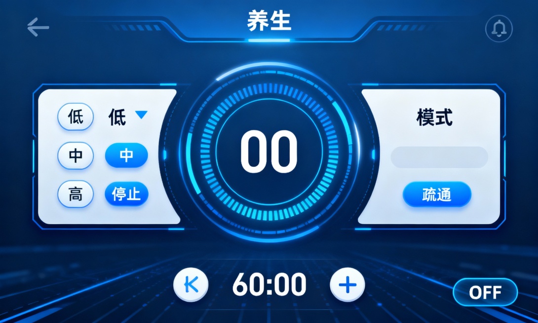 养生设备控制界面，蓝白配色，中央圆形能量显示区显示“00”，上方有“养生”标题，左侧为温度调节区含“低、中、高、停止”按钮，右侧为模式选择区含“疏通”按钮，底部有时长显示“60:00”及加减按钮，右下预览效果