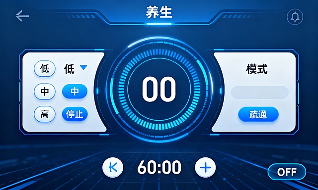 养生设备控制界面，蓝白配色，中央圆形能量显示区显示“00”，上方有“养生”标题，左侧为温度调节区含“低、中、高、停止”按钮，右侧为模式选择区含“疏通”按钮，底部有时长显示“60:00”及加减按钮，右下角有“OFF”按钮，整体布局简洁科技感