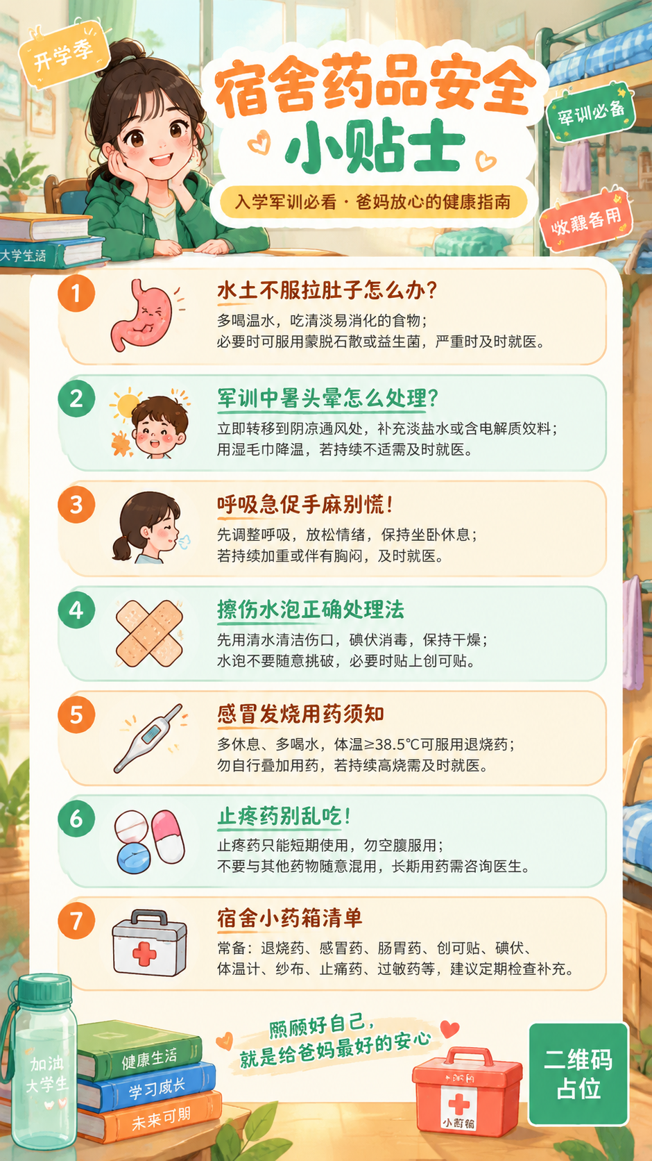 一张温馨亲切的宿舍药品安全宣传海报，扁平插画风格，9:16竖版… - 图片创意预览