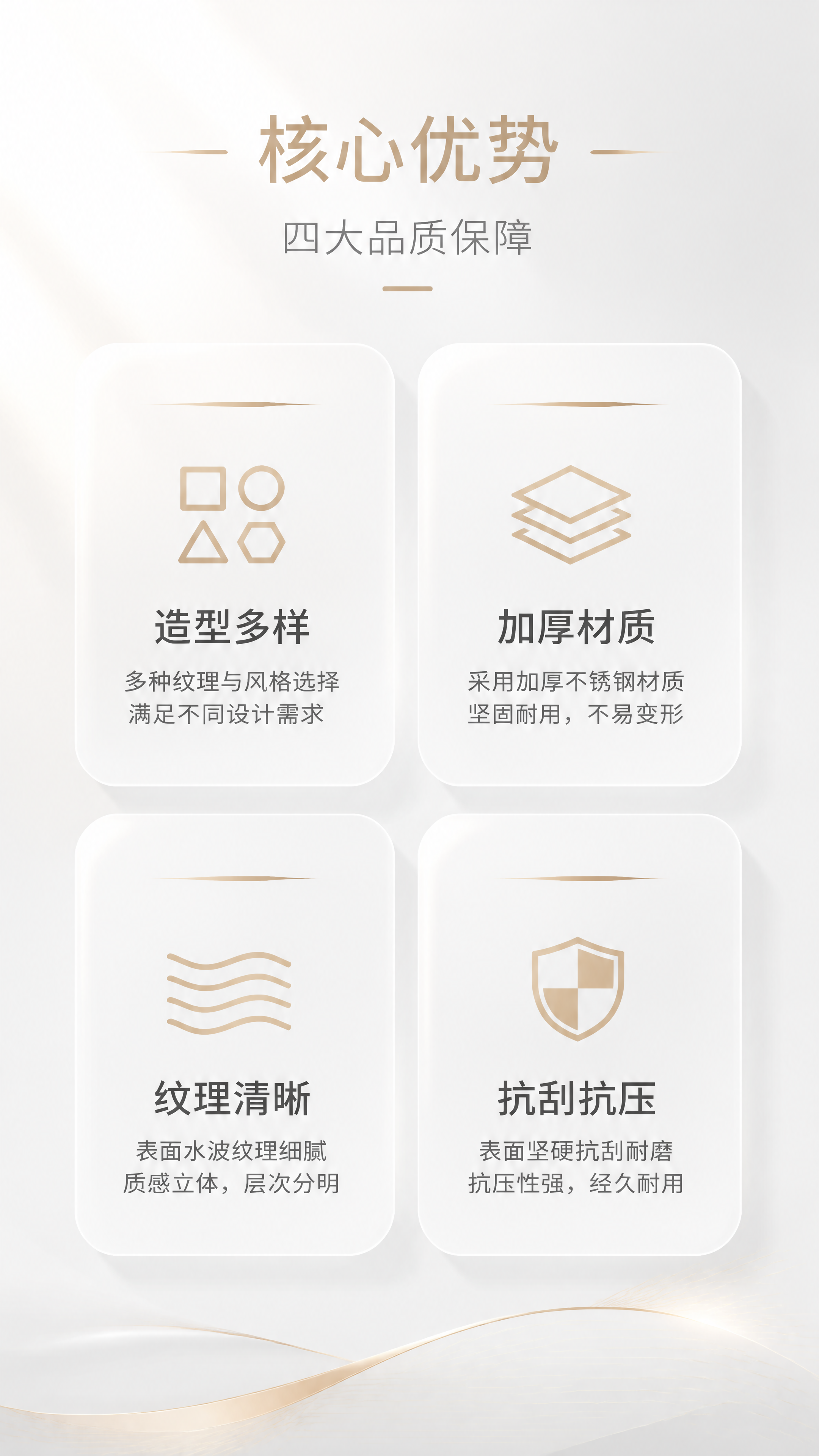第2张 精致卖点提炼 — 不锈钢水波纹板四大核心卖点页。本张使… - 图片创意预览