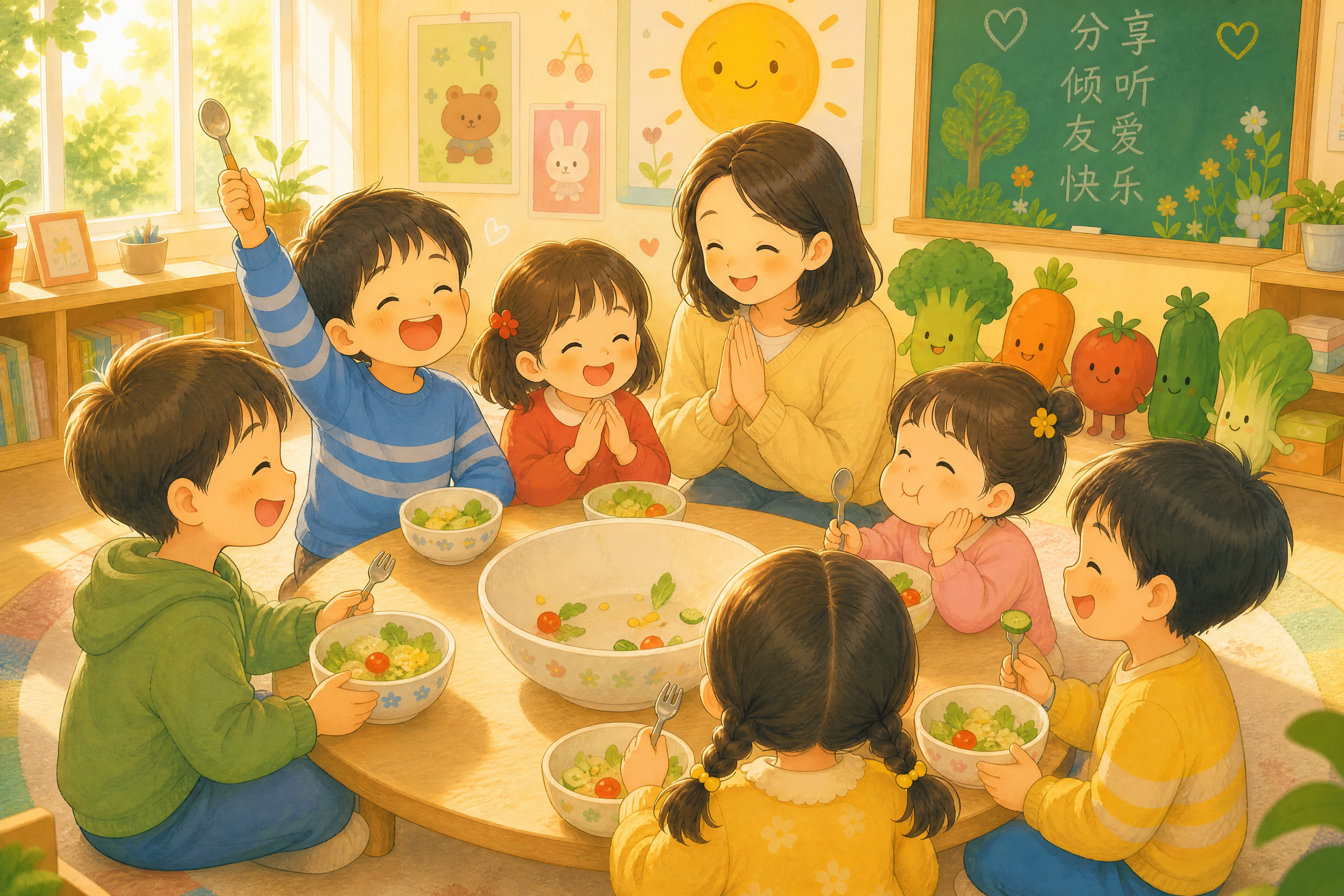 孩子们围在一起，大口大口吃着蔬菜沙拉，表情很满足。一个孩子举着… - 图片创意预览