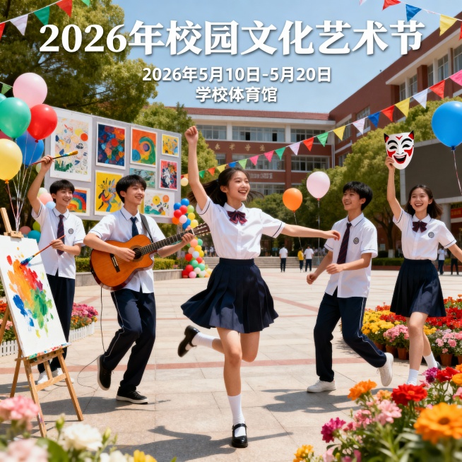 生成一张宣传海报，画面中央是一群身着校服的学生，有的手持画笔挥洒颜料，有的抱着吉他弹唱，有的舒展身姿跳着现代舞，有的举着戏剧面具展露笑颜；背景是装饰着彩色气球、艺术海报、的校园广场，旁边点缀着飘扬的彩预览效果