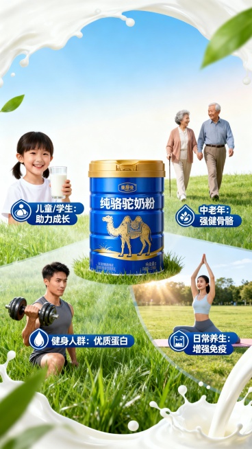 标题：适合全家人喝的营养奶

图标+文案：

儿童/学生：助力成长

中老年：强健骨骼

健身人群：优质蛋白

日常养生：增强免疫（需要真人）预览效果