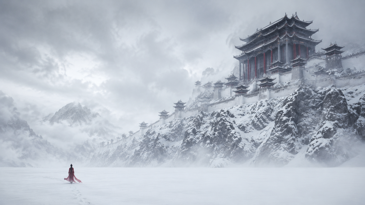 【构图】16:9广角纵深横向构图，前景一望无际平缓纯白雪原，画面左下角渺小红衣独行女子；右侧覆满厚雪的陡峭山体上矗立巨型多层中式天宫主楼，绵长白色宫墙沿山脊向远方延伸，左侧远山被厚重灰白寒雾笼罩，开阔预览效果