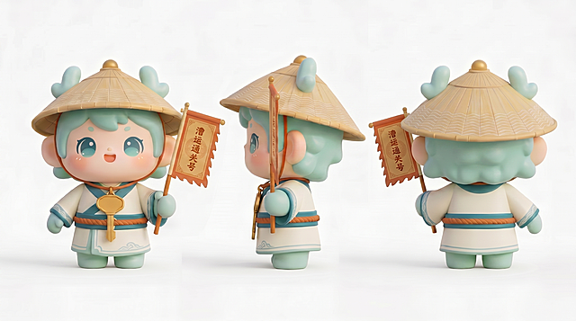 去掉这张三视图中侧视图和背视图角色斗笠帽子后面的金色小装饰和橙色吊坠，保持其他角色特征、布局、3D盲盒风格完全不变，三个视角依然完整无遮挡