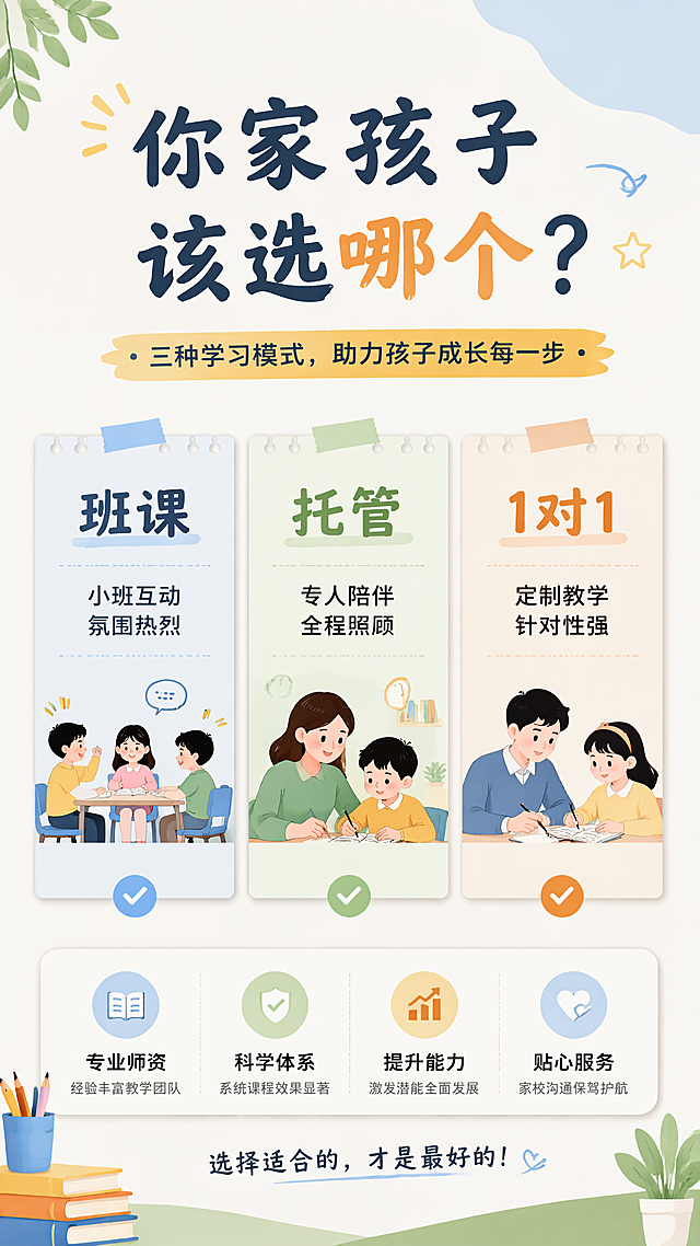 清新简约教育风格海报，画面顶部是主标题"你家孩子该选哪个？"，中部并排摆放三张手写质感卡片，左卡片上方文字"班课"下方标注"小班互动 氛围热烈"，中卡片上方文字"托管"下方标注"专人陪伴 全程照顾"，右卡片上方文字"1对1"下方标注"定制教学 针对性强"，版式精美，分区清晰，整体专业可信，适合培训机构招生使用
