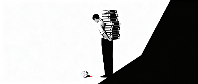 2.35:1 aspect ratio, minimalist flat illustration, diagonal composition with strong visual guiding lines, a single figure positioned at center-right standing with back to viewer, shoulders slouched under stacks of document folders piled on back and arms, one small red accent #CC3333 on a crumpled paper on the ground, pure white background with 65% negative space, minimalist flat character no facial details, black thick lines, geometric shapes, quiet suffocating atmosphere, no text no shadows no gradients