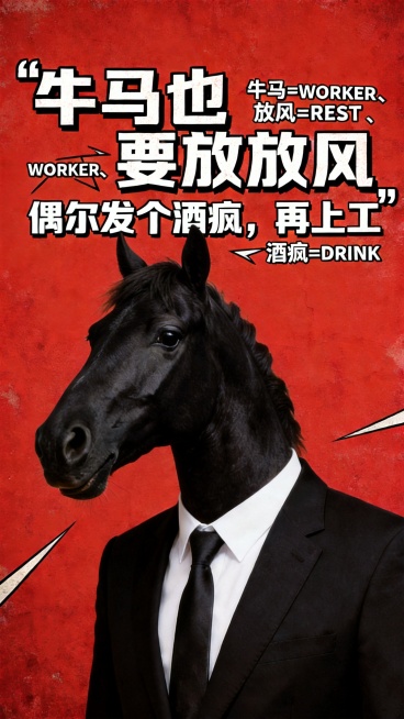 「图片1」这是一张主打打工人自嘲情绪的趣味海报，风格诙谐且视觉冲击力强： 背景与主色调：红色色为底色，搭配做旧纹理，视觉醒目又带点复古质感。 核心元素：主体是 “马头 + 西装” 的反差形象 —— 黑预览效果