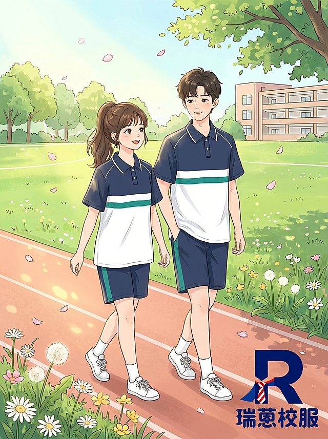 清新唯美的校园风动漫海报，两个软萌的男女学生穿着禅城初中的拼色校服，在春日操场上并肩散步，路边开着小野花，阳光柔和，画风明亮温暖，朋友悠闲陪伴，校园小确幸氛围，在海报角落植入瑞蒽校服的蓝色R字母LOGO，没有激烈冲突