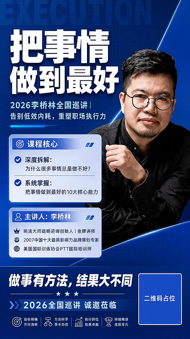 专业商务蓝风课程招生海报，9:16竖版，写实商业摄影风格，版式精美。

深蓝#0A52E3渐变背景，细网格底纹，几何斜切色块分割空间，简洁专业大气。

右侧为讲师人物主视觉（占画面35%-40%）：图中男士，黑色衬衫，戴圆框眼镜，留有胡须，自信沉稳的姿态，专业商务气质，人物完整清晰，与背景融合自然。

左侧及中部为文字信息区，层级分明，排版精美：

【顶部主标题区】
主标题："把事情做到最好" —— 超大字号粗黑体白字，视觉核心，醒目大气
副标题："2026李桥林全国巡讲｜告别低效内耗，重塑职场执行力" —— 次大字号，浅蓝色白字，配细长蓝色装饰线

【课程核心区】
小标题："课程核心"
✅ "深度拆解：为什么很多事情总是做不好？"
✅ "系统掌握：把事情做到最好的10大核心能力"
—— 对勾图标+文字列表形式，白色半透明圆角卡片承载，清晰易读

【讲师介绍区】
"主讲人：李桥林"
"响法大师战略咨询创始人｜金牌讲师"
"2007中国十大最具影响力品牌策划专家"
"美国国际训练协会PTT国际培训师"
—— 精简信息卡片形式，垂直排列，配小图标装饰

【底部收尾区】
"做事有方法，结果大不同"
"2026全国巡讲 诚邀莅临"
右下角二维码占位符（纯色方块+中央"二维码占位"文字）

装饰元素：细发光线条分割、简约几何角标、半透明大字背景装饰、线性小图标；禁用渐变球体、彩色泡泡装饰。

整体氛围：专业、权威、高端、商务感强，信息层级清晰，版式精美。

画面中必须完整呈现以下文字信息：
- 主标题：把事情做到最好
- 副标题：2026李桥林全国巡讲｜告别低效内耗，重塑职场执行力
- 课程核心：深度拆解：为什么很多事情总是做不好？；系统掌握：把事情做到最好的10大核心能力
- 讲师：李桥林；响法大师战略咨询创始人｜金牌讲师
- 底部：做事有方法，结果大不同；2026全国巡讲 诚邀莅临

画面中所有数字必须精确渲染，不得错位、遗漏或编造："2026"、"10"、"2007"

画面中所有二维码区域使用纯色方块占位符呈现，方块中央标注"二维码占位"文字，严禁生成任何可识别的二维码图案

画面中所有信息区域、课程大纲、讲师介绍区等必须填充完整合理的内容，不得出现空白框、空白占位、横线待填写区域、空列表项、空单元格；确保是完整可用的成品海报而非待填写模板