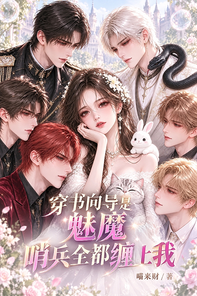 基于参考图进行优化修改：1. 标题字体设计简化，去掉过于花哨的金色花纹、玫瑰、爱心等装饰元素，改用更简洁大气的字体样式，字体清晰易读，提升高级感，保留金色和粉紫色渐变的文字质感但更克制；2. 底图背景颜色调淡，降低城堡和花丛的色彩饱和度与浓度，整体色调更柔和清新，避免颜色过重；3. 人物保持不变，整体画面协调统一，不要图层分离感；4. 文字内容保持不变："穿书向导是魅魔，哨兵全都缠上我"和"喵来财/著"