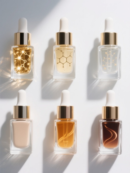 六个不同配色、不同样式、不同材质的精华产品，以整齐排列的方式展示在纯白色背景上，每个精华瓶都具有透明玻璃质感，内部含有不同颜色和形态的精华液体，有的呈现金色光芒，有的内部有分子结构装饰，有的液体带有流动感，整体画面光线明亮，高光突出，阴影细腻，保持简洁高端的设计风格，突出产品的精致感和多样性。预览效果
