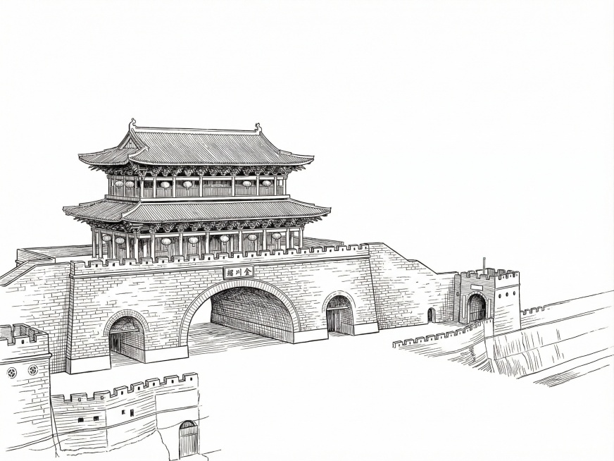提取图中的古城墙建筑，转换成插画线稿形式预览效果