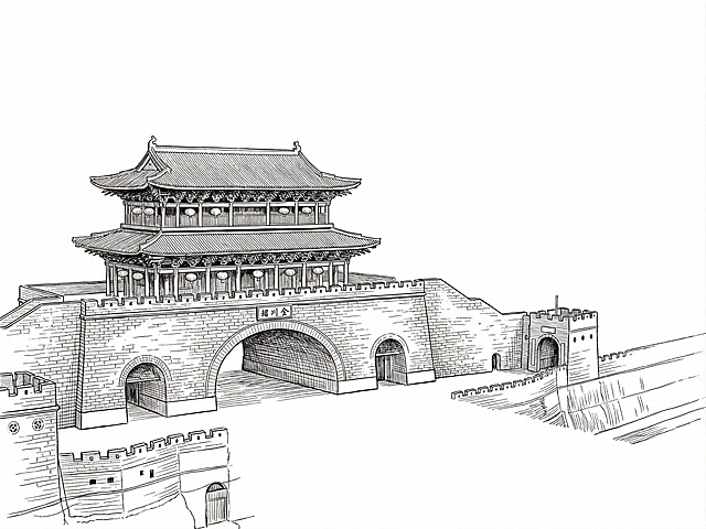 提取图中的古城墙建筑，转换成插画线稿形式