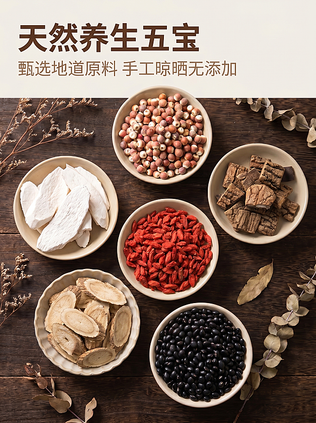 将图片中的牛蒡替换为牛大力，保持整体构图、风格、光影、配色完全一致，保持所有其他食材位置和外观不变，仅修改对应区域，将左下角浅色瓷盘里的长条干货替换为切片牛大力，保持牛大力外观纹理自然真实，和整体画面风格统一，保持所有文字内容不变，依然是天然养生五宝，甄选地道原料手工晾晒无添加，产品整体自然清晰，高级质感，3:4比例，2k分辨率，文字清晰不变形，保持产品主体占比不变，背景装饰不变。负向提示词：变形，文字错乱，背景杂乱，整体风格不一致