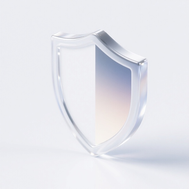 未来感透明盾牌，3D轻拟物设计，简约现代风格。