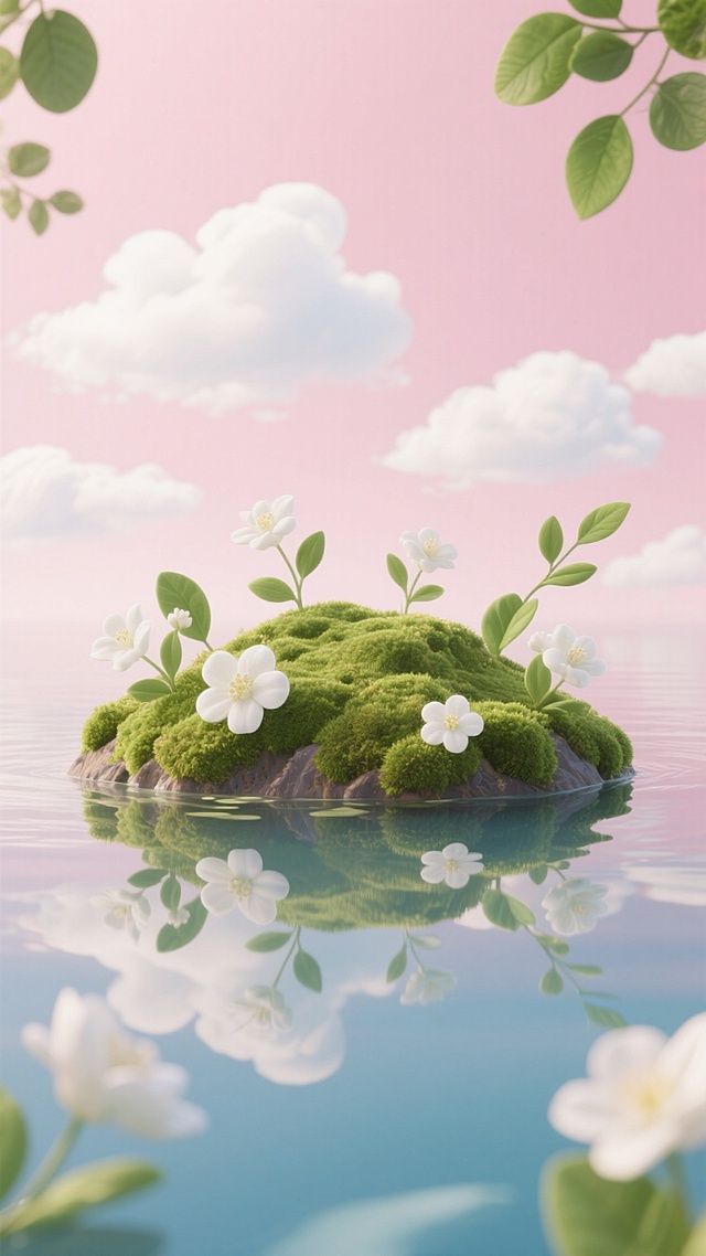 覆盖翠绿苔藓的扁平小岛漂浮在清澈水面，周围环绕着白色花朵与绿叶，背景是淡粉色天空和洁白云朵，水面有清晰倒影