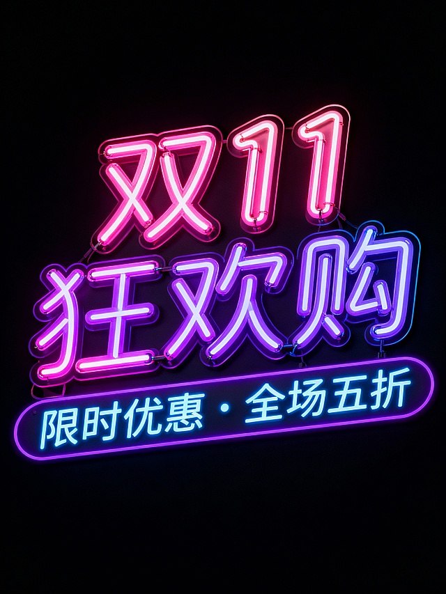 黑色背景，霓虹风格双11促销艺术字设计，‘双11狂欢购’采用粉紫渐变的霓虹灯管字体，灯光效果炫酷夺目，下方搭配蓝紫色霓虹标语‘限时优惠・全场五折’，整体风格充满夜场霓虹的潮流感，突出促销的狂欢与折扣力度