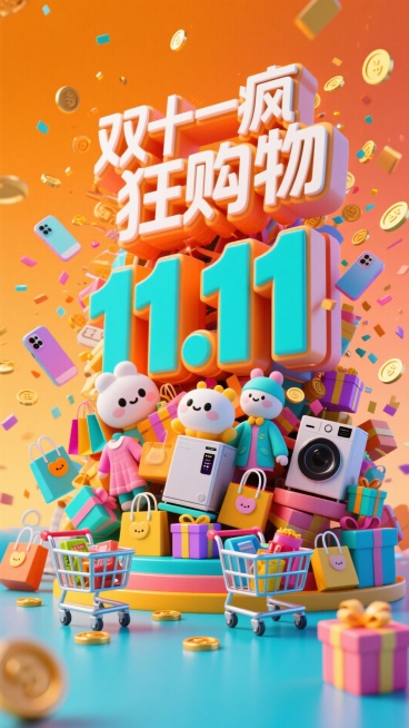 卡通风格，双十一促销海报，画面极具动感，巨大的卡通立体 “11.11” 字样矗立中央，周围是爆炸式堆叠的 Q 版商品（如卡通手机、家电、服饰礼盒），迷你卡通购物车满载商品，彩色购物袋、金币漫天飞舞，背预览效果
