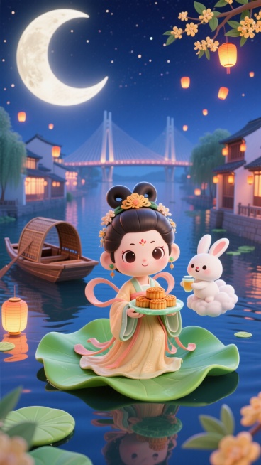 Q 版嫦娥坐在漂浮的荷叶上，手里捧着装满月饼的玉盘，Q 版玉兔踩着云朵递桂花酒，下方是江南水乡乌篷船与现代跨江大桥同框，夜空挂着月牙和小灯笼预览效果