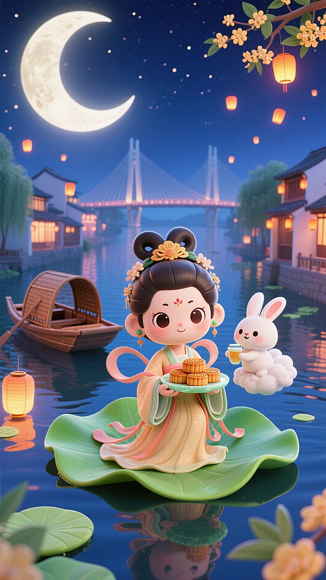 Q 版嫦娥坐在漂浮的荷叶上，手里捧着装满月饼的玉盘，Q 版玉兔踩着云朵递桂花酒，下方是江南水乡乌篷船与现代跨江大桥同框，夜空挂着月牙和小灯笼