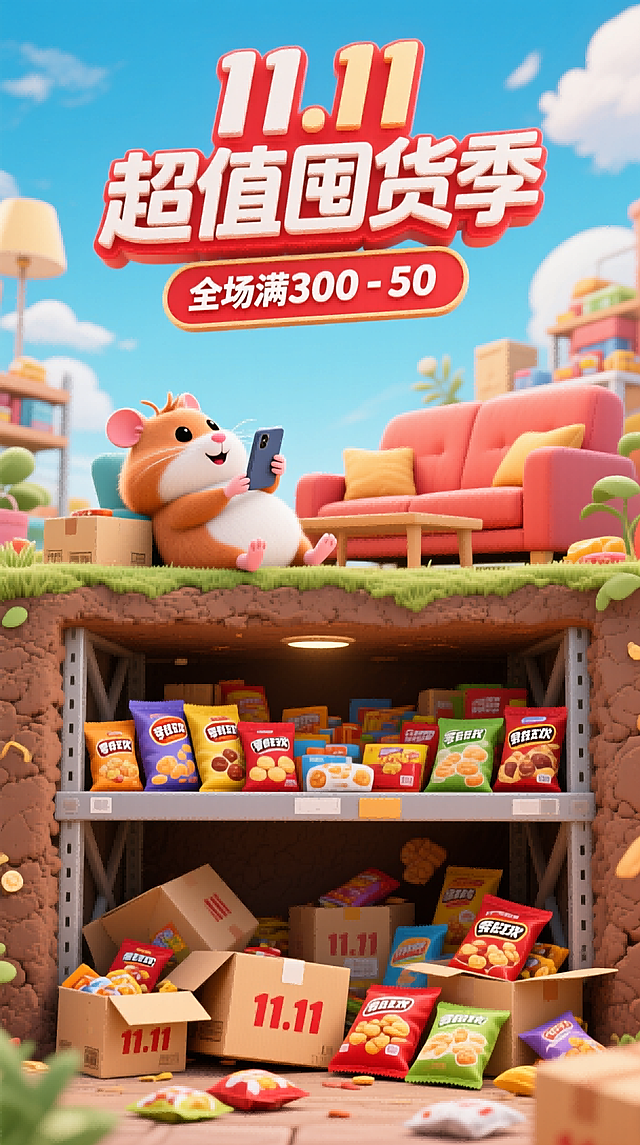 3D卡通风格，上半部分天空上站画面2/3，带有红色设计的3D主标题“11.11 超值囤货季”和副标“零食狂欢 全场满300-50”。一只拟人的仓鼠躺在顶层的客厅里玩手机，下半部分是土层分割的地下仓库的2层横截面：展示了地下里满是零食商品，最下面一层底下散落着拆开的快递盒（印着“11.11” 字样）和堆在零食袋中