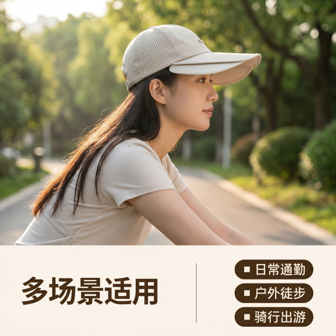 [主图 3] 浅米色可延长防晒鸭舌帽多场景使用展示图。
[氛围风格] 自然生活场景氛围，松弛日常感；
[画质] 商业摄影质感、光线柔和通透、产品清晰真实、画面干净高级。
[元素] 年轻亚洲模特户外骑行预览效果