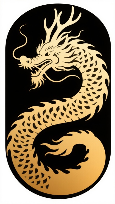 一条金色龙纹的精致剪影，龙首高昂，鹿角状的龙角向后舒展，龙须飘逸，龙鳞呈层叠的半月形排列，龙身呈C形环绕，整体线条流畅且富有力量感，采用从中心向边缘逐渐变淡的渐变效果，金色由深至浅过渡自然，背景为纯白色，龙纹图案具有传统中国风的装饰美感和威严气势，轮廓清晰，细节丰富，展现出龙的霸气与灵动。预览效果