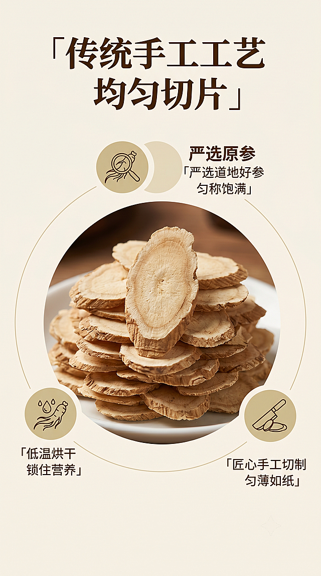 [第4屏] 工艺解析页-手工切片工艺展示。本屏使用【图1】产品主体。
[氛围/风格] 传统工艺风，干净素雅，突出手工匠心，质感朴实可信。
[元素布局] 中心展示人参片堆叠细节，占比约60%，保留原切片纹理、形状和颜色与原图一致；上下分布文案和工艺步骤图标，采用环形布局介绍3个核心工艺步骤：筛选原参、洗净晾晒、手工切片，每个步骤配对应小图标和短说明。
[光影质感] 中心柔光聚焦，产品细节清晰，四周文字区域亮度均匀，层次分明。
[配色色系] 全局底色 #F8F4E9；主色原木棕，辅助色浅卡其，深棕色文字。
[视角构图] 中心产品+上下图文版式，对称构图，信息层级清晰。
[文字版式] 顶部主标题「传统手工工艺 均匀切片」，居中加粗；每个工艺步骤用圆形图标+短文字说明，分行排版，文字清晰不拥挤。
[比例分辨率] 9:16 竖版比例，2K分辨率，文字清晰可辨，高清画质。
[负向提示词] 产品变形，纹理模糊，颜色偏差，文字过小，水印，文字错乱