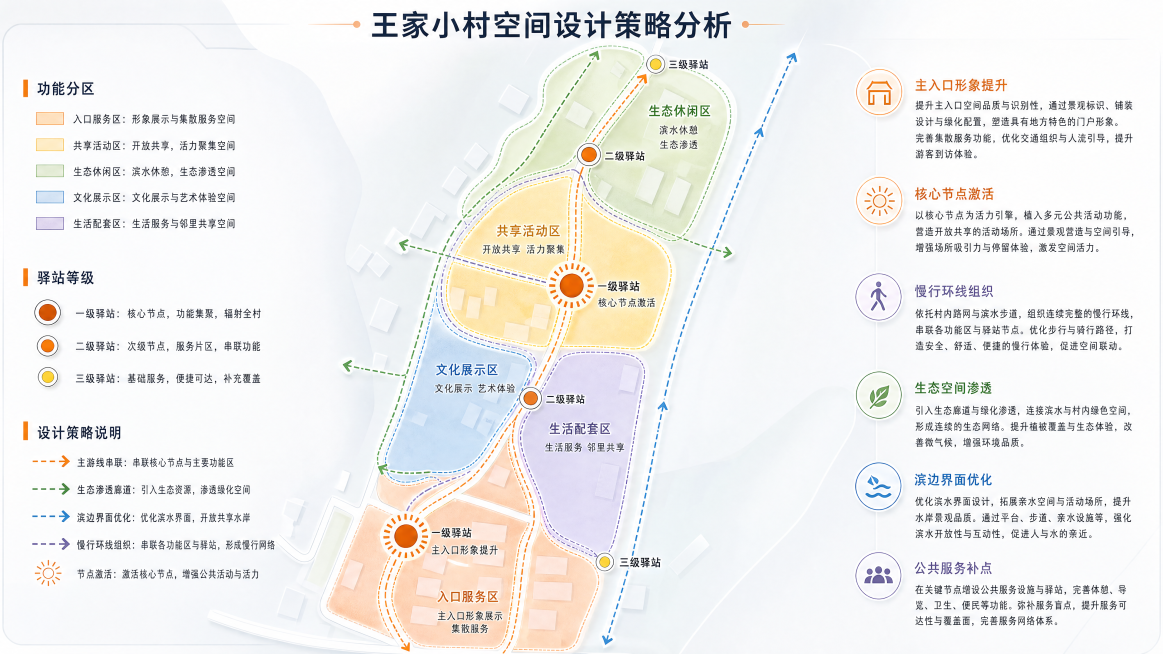 王家小村空间设计策略分析图，在原图基础上优化，提升质感，让配色和线条更高级现代，保留所有现有文字信息和功能分区、驿站等级、设计策略说明内容，采用简洁扁平的规划分析图风格，科技蓝+生态绿+大地色配色，线预览效果