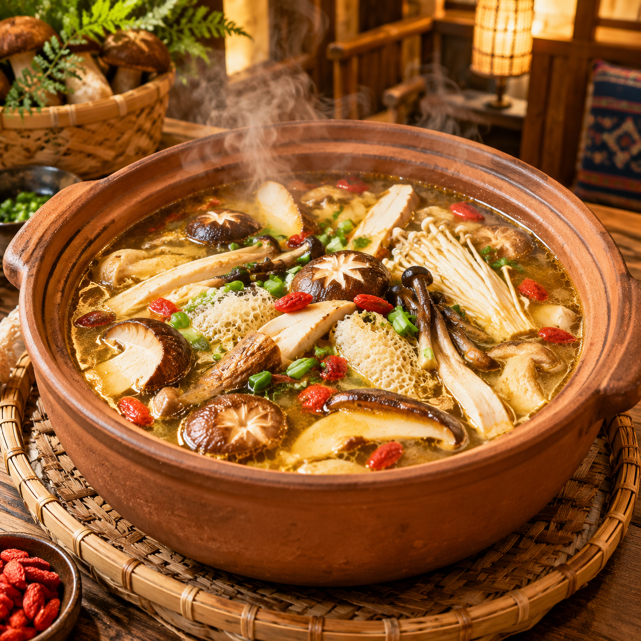 高清美食摄影照片：菌子火锅全景，土陶锅摆放在竹编餐垫上，金黄浓… - 图片创意预览