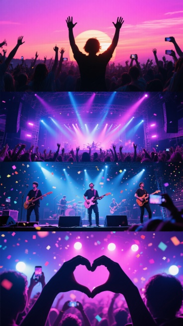 演唱会海报设计，多张舞台场景拼贴构图，整体呈现高饱和霓虹色彩风格，融合粉紫渐变霞光与深蓝夜幕色调，强烈舞台灯光效果，光束与闪烁的星光、彩屑交织，营造热烈、动感、梦幻的氛围。顶部画面为夕阳下欢呼的观众剪影，举起的手臂形成充满活力的轮廓；中间大幅展示演唱会舞台全景，灯光璀璨，舞台结构清晰，台下观众挥舞手臂、举起手机拍照；下方特写舞台上表演的乐队成员，乐器与灯光交织，以及观众双手比心的剪影，背景有光……预览效果