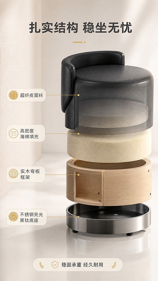 [商品] 使用【图1】中C款黑色圆凳；保留圆凳外观、黑色超纤皮、靠背与底部不锈钢圈；做半透明分层爆炸示意，展示内部结构层次，外观轮廓保持完整。
[画面] 目标：结构框架解析，展示内部扎实结构。居中分层爆炸构图，圆凳位于画面中央，以半透明分层方式展示从外到内的结构：超纤皮面料层→高密度海绵层→实木弯板层→不锈钢底座；每层用细线引出标注；产品占画面约60%；背景为浅灰渐变亮调空间，底部有柔和倒影。
[视觉] 套系策略：风格=现代轻奢亮调商业家居摄影；标题字=现代无衬线粗体；正文字=简洁无衬线体；主色=奶白+浅米灰；背景延展=基于奶白与浅米灰做同色渐变、柔光墙面与细腻织物质感；强调色=香槟金/浅金，仅用于小面积图标、引线和标签；标题色=深炭灰；正文色=中暖灰；组件=圆角浅底信息卡、细线引线、金色点缀图标；光影=左前侧暖柔光，柔和阴影，整体高光亮调。
[文字] 顶部主标题「扎实结构 稳坐无忧」，下方分层引线标注：「超纤皮面料」「高密度海绵填充」「实木弯板框架」「不锈钢亮光黑钛底座」；底部小字补充「稳固承重 经久耐用」；文字全部横排，不遮挡主体结构。
[规格] 图片比例9:16竖版，4K分辨率，避免变形、错字、文字过小、冷蓝/冷灰背景、产品颜色改变、结构失真、极限词。