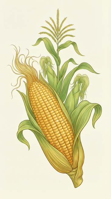 生成全新原创布局的工笔画风格商业插画，线条精致流畅，使用比上色同色系更深的线条，玉米不要太写实；一整株带叶的饱满金黄玉米带玉米须，玉米粒排列整齐、颗粒饱满；主体玉米后面点缀几个长在玉米植株上带玉米须的预览效果