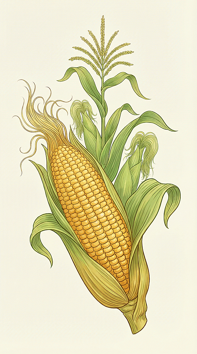 生成全新原创布局的工笔画风格商业插画，线条精致流畅，使用比上色同色系更深的线条，玉米不要太写实；一整株带叶的饱满金黄玉米带玉米须，玉米粒排列整齐、颗粒饱满；主体玉米后面点缀几个长在玉米植株上带玉米须的绿色小玉米，看不到黄色玉米粒，添加玉米植物顶端结构，苞叶翠绿舒展；背景为纯净的浅奶油黄色调，无多余杂物；整体传递田园自然、清新质朴的农耕气息，适配农产品包装视觉；画面风格为新中式手绘插画，线条细腻流畅、笔触温润，色彩通透柔和，兼具商业产品视觉质感，光影层次自然，细节清晰，包含玉米粒纹理、苞叶脉络；主色调为暖黄色系搭配清新草绿色，整体色调明亮柔和、饱和度适中，营造温暖治愈自然健康氛围；玉米呈现鲜嫩饱满谷物质感，苞叶带细腻纤维纹理；居中对称构图，视觉焦点集中在主体，画面留白充足，所有元素都完整不被切割，画面无文字，高清分辨率，细节清晰无噪点，适合印刷